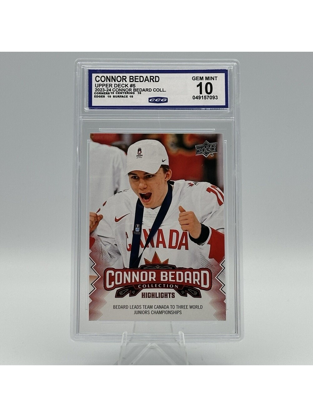 Connor Bedard 2023-24 Upper Deck #5 CCG Graded 10 Gem Mint World Juniors Champ